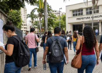 Candidatos caminham em direção à prefeitura municipal com editais e documentos de concurso público em mãos.