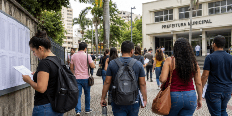 Candidatos caminham em direção à prefeitura municipal com editais e documentos de concurso público em mãos.