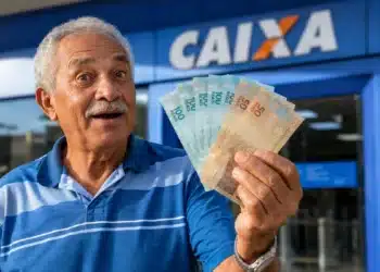 Idoso brasileiro segura cédulas de real em frente a uma agência da Caixa, representando a consulta aos depósitos do INSS de até R$ 8.475,55.