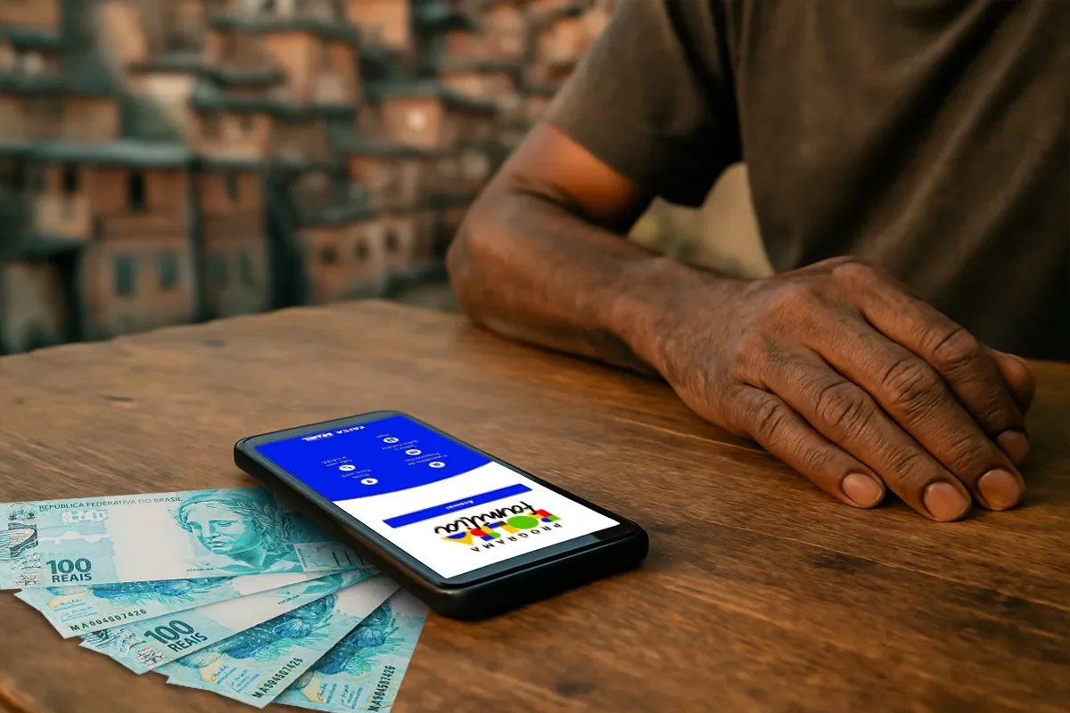 Consulta do Bolsa Família pelo celular Celular com aplicativo Bolsa Família aberto ao lado de notas de R$ 100, representando a consulta e movimentação do Bolsa Família pelo Caixa Tem.