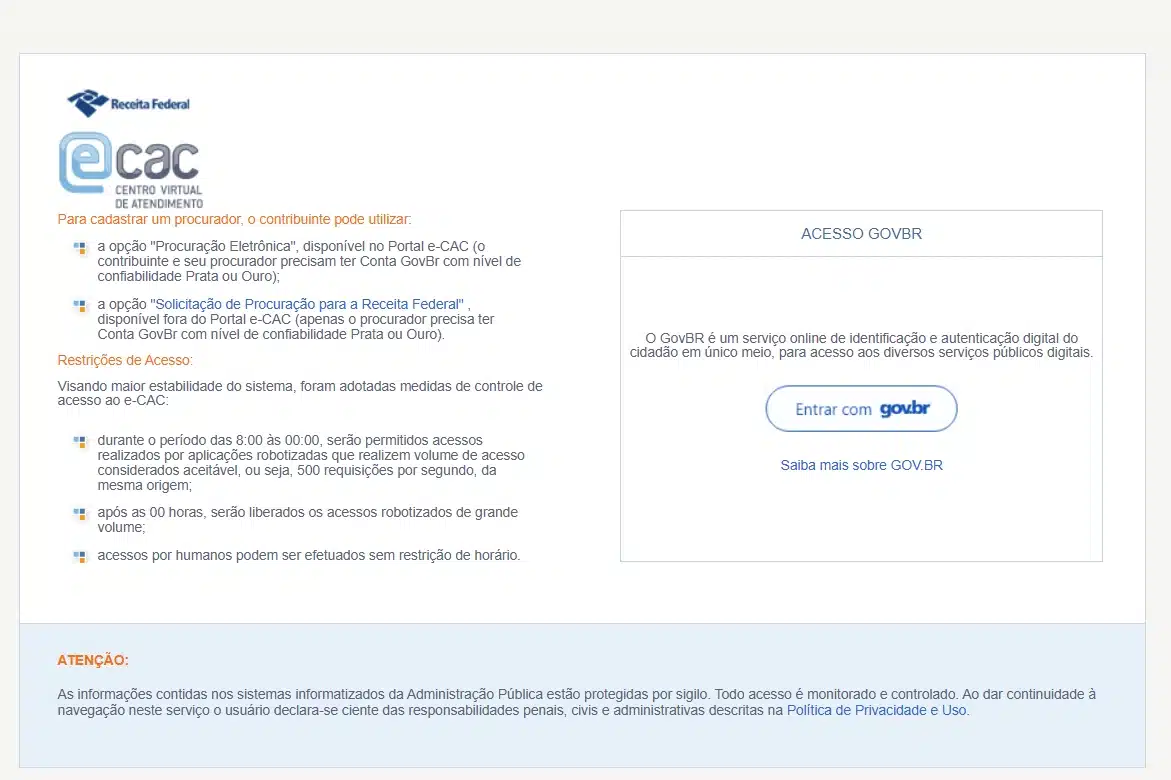Tela de acesso ao portal e-CAC da Receita Federal para consulta de informação sobre o Pix de R$ 1.000.