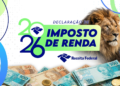 Arte oficial da Receita Federal sobre a restituição do Imposto de Renda 2026 com cédulas e o leão