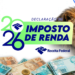 Arte oficial da Receita Federal sobre a restituição do Imposto de Renda 2026 com cédulas e o leão