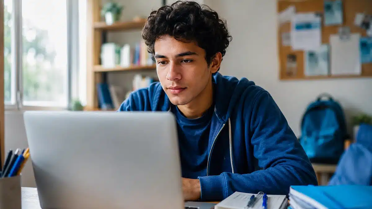 Jovem estudante brasileiro consultando vagas do Sisu+ 2026 em notebook durante rotina de estudos