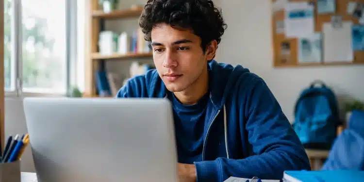 Jovem estudante brasileiro consultando vagas do Sisu+ 2026 em notebook durante rotina de estudos