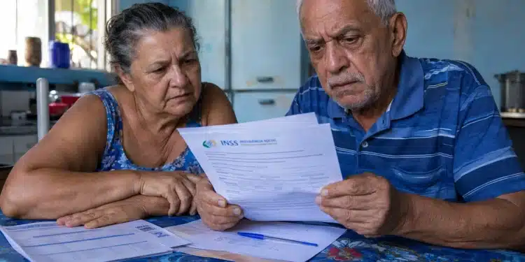 Aposentado e pensionista analisando documentos do INSS, representando a contestação de descontos indevidos no benefício até 20 de junho.