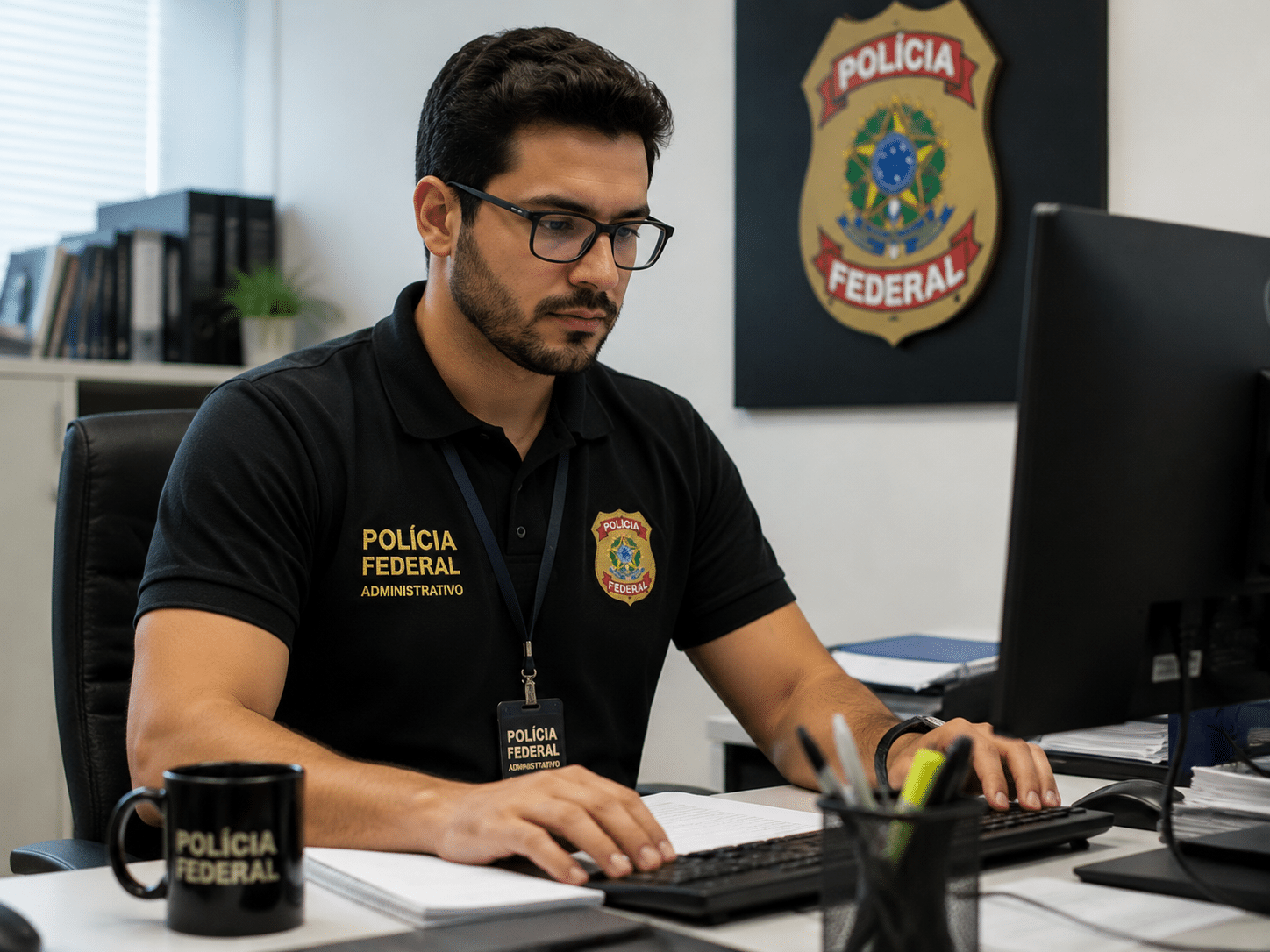 Homem jovem com crachá da Polícia Federal digita em computador em ambiente de escritório oficial.
