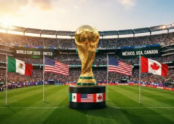 Troféu da Copa do Mundo em campo de futebol com bandeiras de México, Estados Unidos e Canadá ao fundo.