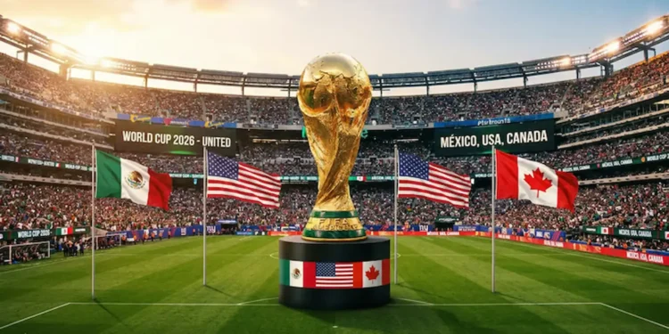 Troféu da Copa do Mundo em campo de futebol com bandeiras de México, Estados Unidos e Canadá ao fundo.