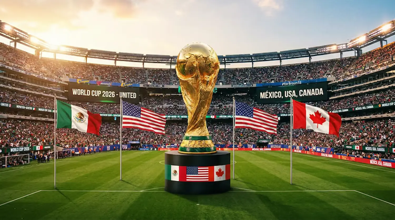 Copa do Mundo de 2026 Troféu da Copa do Mundo em campo de futebol com bandeiras de México, Estados Unidos e Canadá ao fundo.