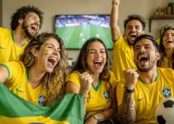 Torcedores brasileiros comemoram em casa durante jogo da Seleção na Copa do Mundo de 2026