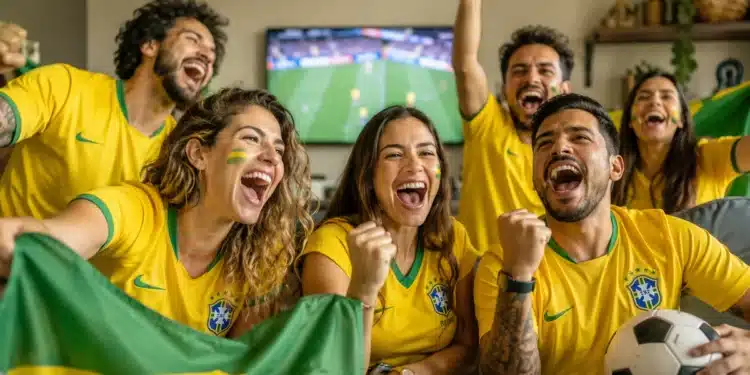 Torcedores brasileiros comemoram em casa durante jogo da Seleção na Copa do Mundo de 2026