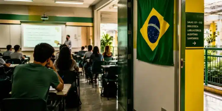 Estudante em ambiente de universidade pública brasileira durante o dia de jogo da Seleção, representando a expectativa sobre a suspensão ou manutenção das aulas.