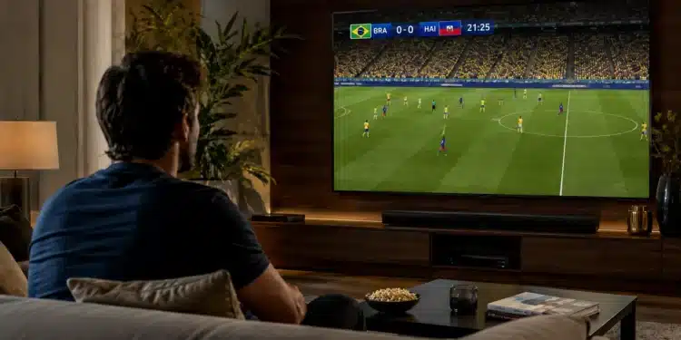 Imagem ilustrativa de um torcedor assistindo ao Brasil, que vai entrar em campo contra o Haiti na Copa do Mundo de 2026, em partida decisiva no grupo C.