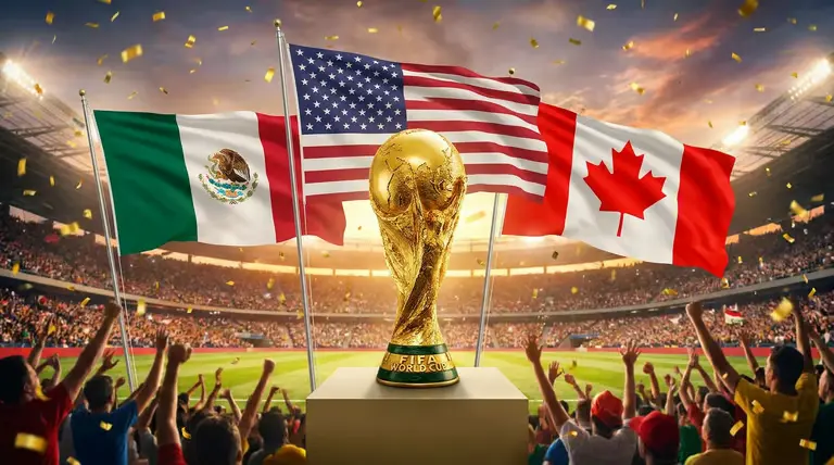 Copa do Mundo de 2026 Troféu da Copa do Mundo em estádio com bandeiras de México, Estados Unidos e Canadá, simbolizando a edição de 2026.