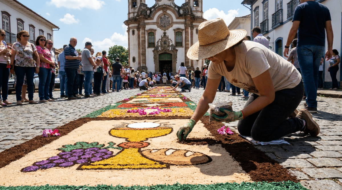 Fiel ajoelhada monta tapete tradicional de Corpus Christi em frente à igreja histórica durante a celebração religiosa