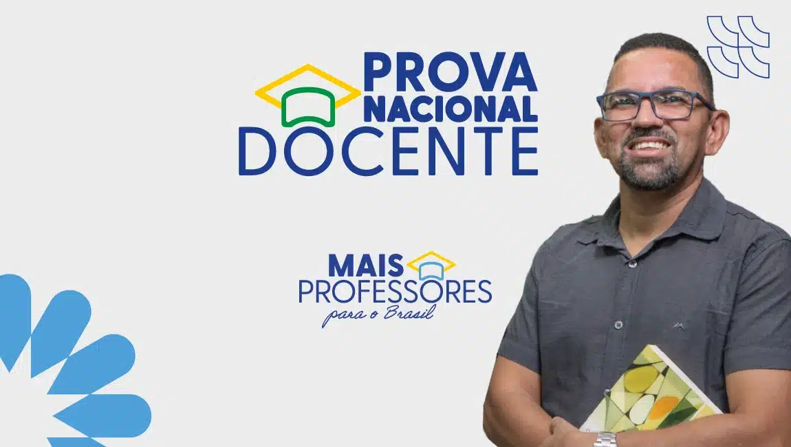 Prova Nacional Docente 2026 - Critérios para participar da avaliação Professor segurando material didático ao lado da identidade visual da Prova Nacional Docente 2026, representando a inscrição para licenciandos e docentes.