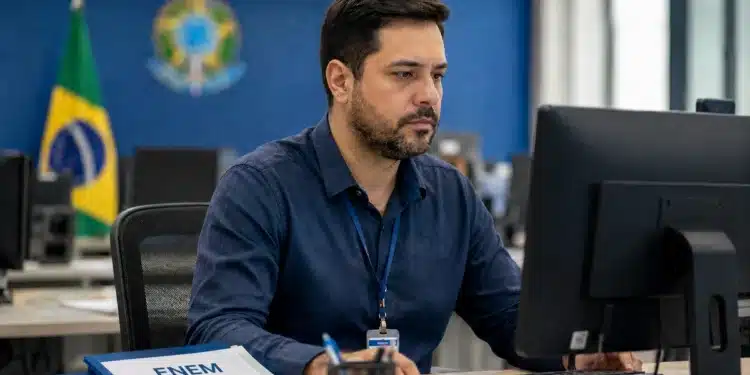 Corretor de redação analisa informações no computador enquanto uma pasta do Enem sobre redação e notas aparece sobre a mesa.