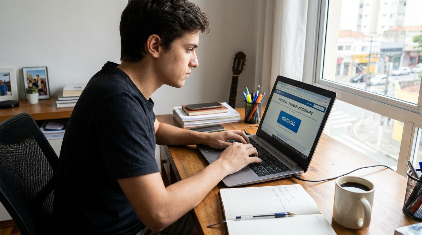 Jovem sentado em frente ao notebook, inscrevendo-se no Enem com caneca de café e caderno abertos.