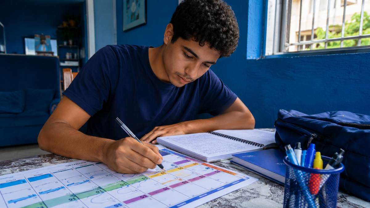 Estudante marca datas em calendário impresso durante organização do prazo de inscrições do Sisu+ 2026.