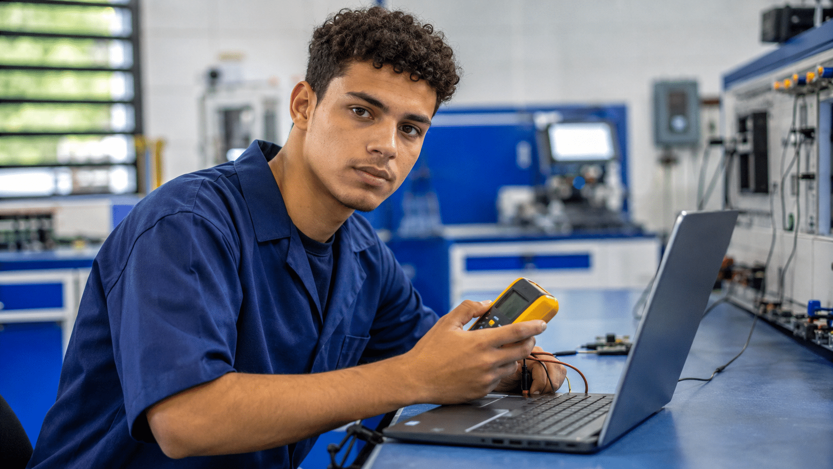 Jovem com cabelo cacheado usa multímetro em laptop em bancada de laboratório tecnológico.