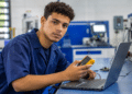 Jovem com cabelo cacheado usa multímetro em laptop em bancada de laboratório tecnológico.