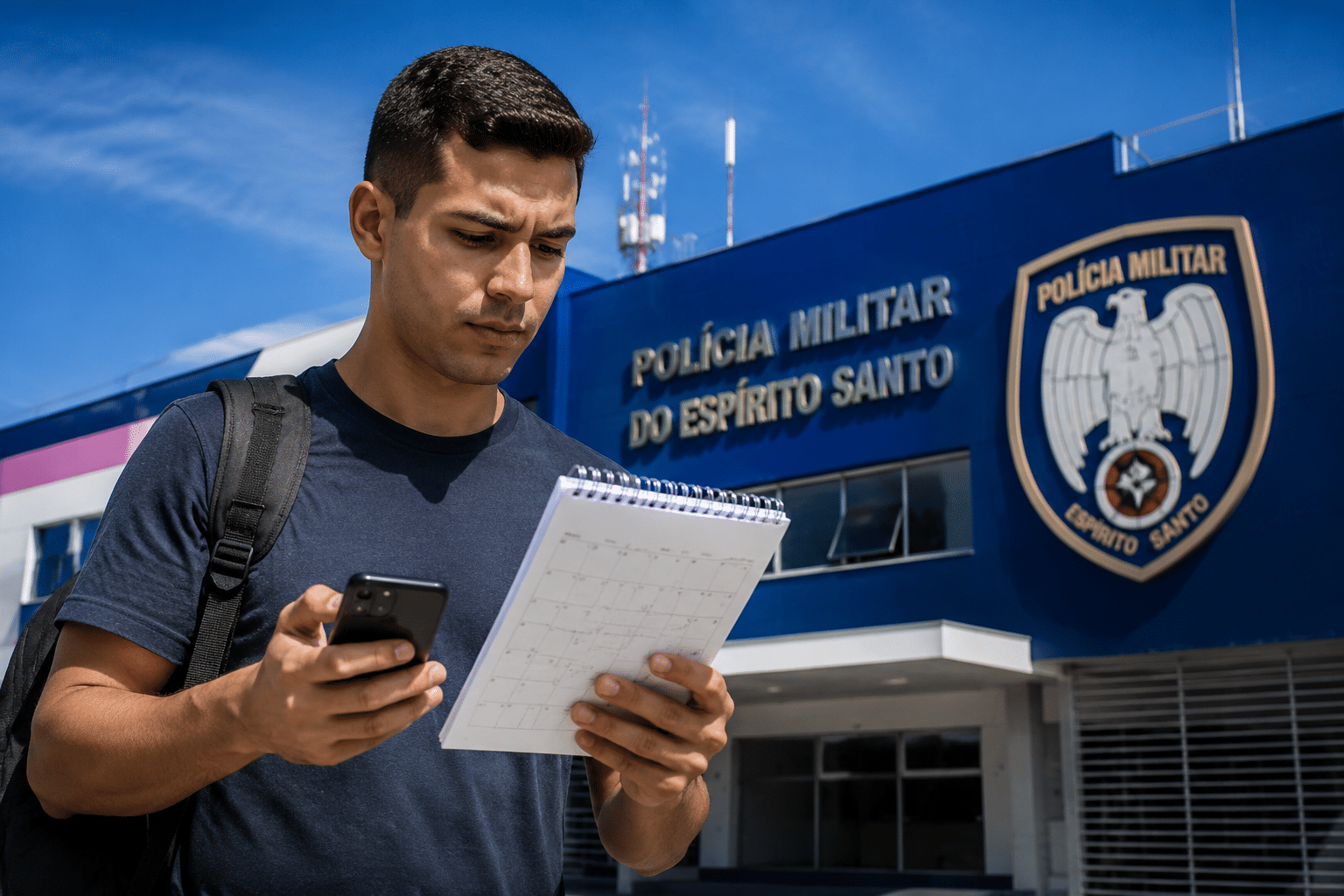 Jovem com mochila observa celular e calendário diante do prédio da Polícia Militar do Espírito Santo.