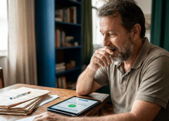 Homem de meia-idade com óculos na cabeça, expressão surpresa, olhando tablet sobre mesa com papéis amassados e documentos.