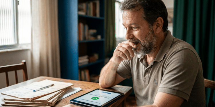 Homem de meia-idade com óculos na cabeça, expressão surpresa, olhando tablet sobre mesa com papéis amassados e documentos.