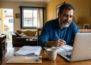 Homem confere documentos do Imposto de Renda 2026 no notebook em casa após o fim do prazo de entrega