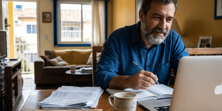 Homem confere documentos do Imposto de Renda 2026 no notebook em casa após o fim do prazo de entrega