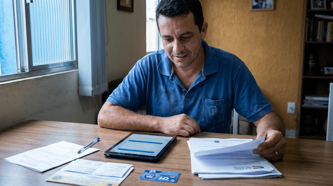 Homem de camisa polo azul consulta tablet enquanto confere papéis e carteira de trabalho sobre mesa de madeira.