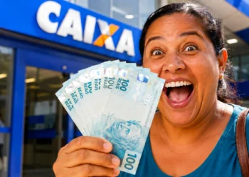 Mulher sorridente segura cédulas de real em frente a uma agência da Caixa, representando o depósito de R$ 1.621 na próxima semana.