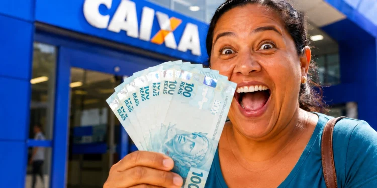 Mulher sorridente segura cédulas de real em frente a uma agência da Caixa, representando o depósito de R$ 1.621 na próxima semana.