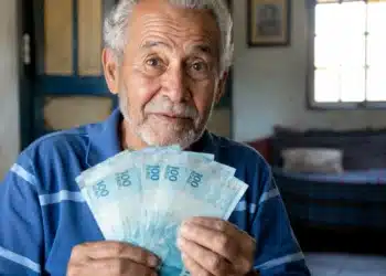 Aposentado brasileiro segurando notas de cem reais em casa, representando os depósitos de R$ 8.475,55 do INSS nesta terça-feira, 2 de junho.