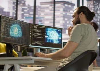 Desenvolvedor analisa rede neural em múltiplos monitores, cenário que ilustra o alerta da Anthropic sobre desacelerar o avanço da inteligência artificial