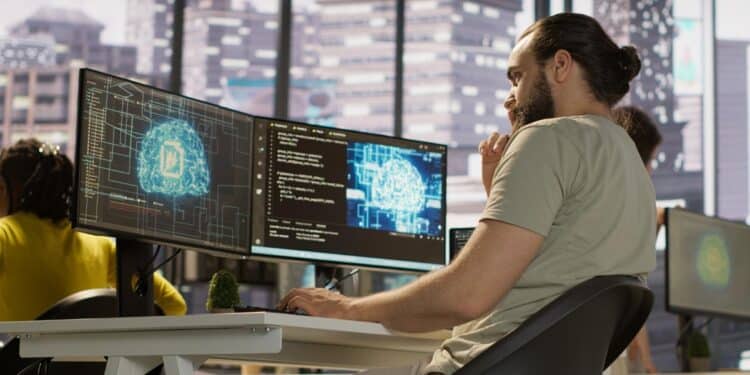 Desenvolvedor analisa rede neural em múltiplos monitores, cenário que ilustra o alerta da Anthropic sobre desacelerar o avanço da inteligência artificial