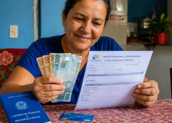 Beneficiária do INSS segura dinheiro e extrato de pagamento, representando a devolução de valores por descontos indevidos.
