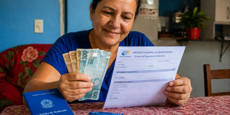 Beneficiária do INSS segura dinheiro e extrato de pagamento, representando a devolução de valores por descontos indevidos.