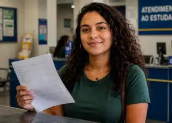 Jovem estudante brasileira em ambiente universitário segurando documento após renegociação de dívida do Fies 2026.