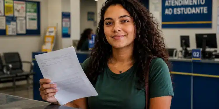 Jovem estudante brasileira em ambiente universitário segurando documento após renegociação de dívida do Fies 2026.