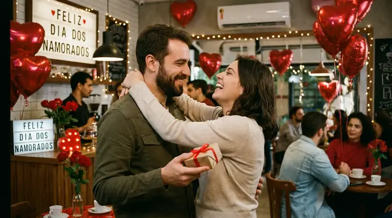Casal sorridente troca presente em ambiente decorado para o Dia dos Namorados, com balões em formato de coração e clima romântico.
