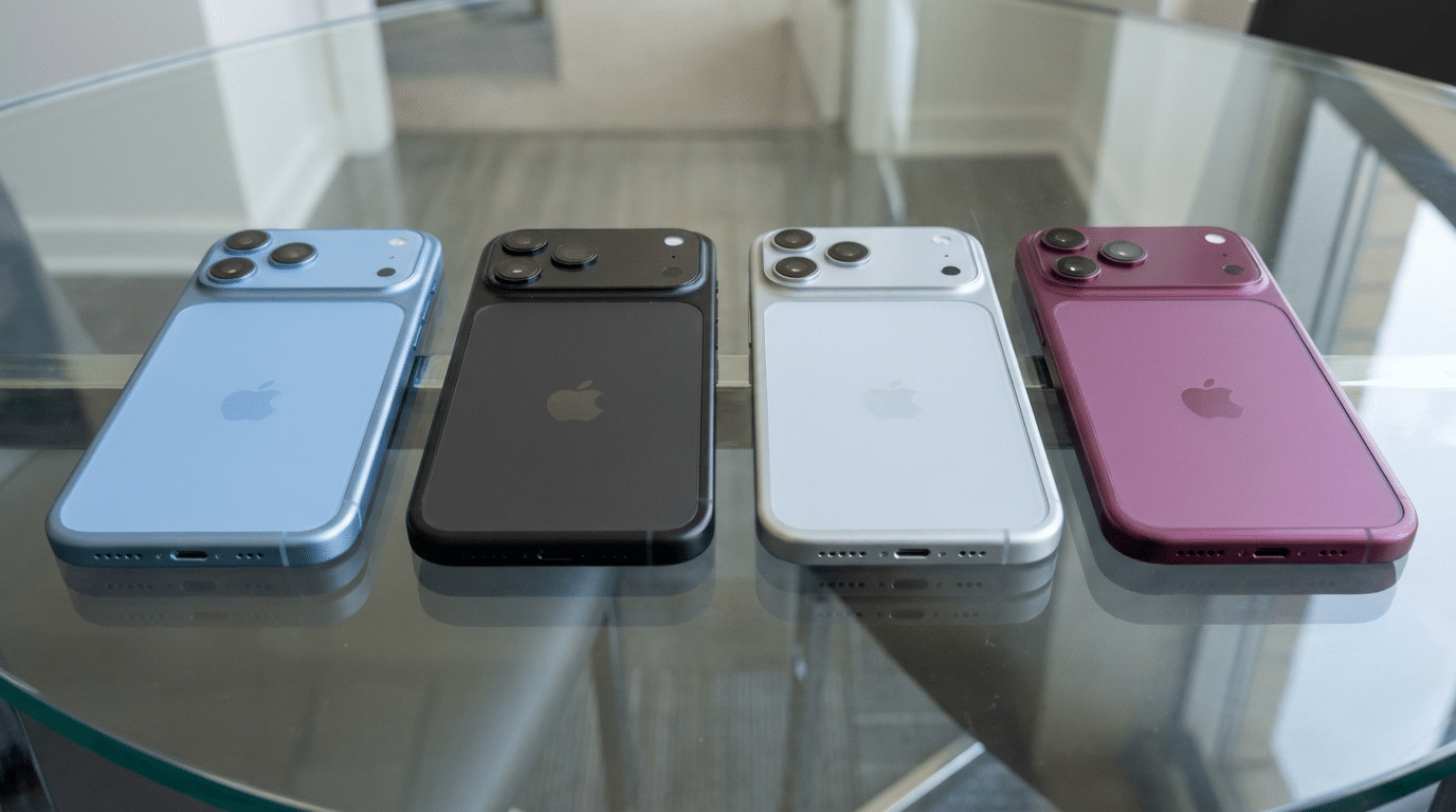 Quatro iPhones 18 Pro em Light Blue (azul-claro), Dark Gray (cinza-escuro/preto) e Dark Cherry (vermelho cereja escuro) sobre mesa de vidro, câmeras alinhadas verticalmente.