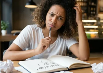 Mulher com expressão pensativa diante de um caderno com dúvida sobre o uso correto de fase ou faze.