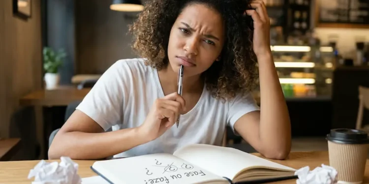 Mulher com expressão pensativa diante de um caderno com dúvida sobre o uso correto de fase ou faze.