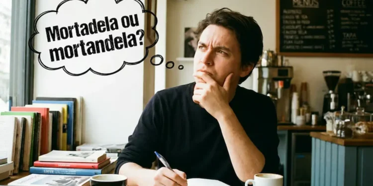 Homem pensativo com dúvida: Mortadela ou mortandela?