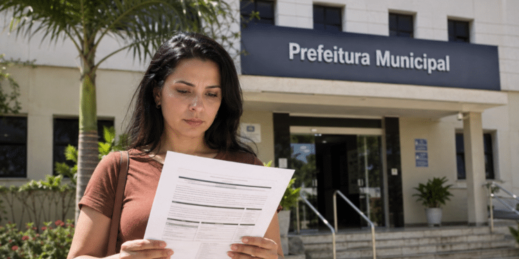 Mulher lê documento de concurso público em frente a uma prefeitura municipal.