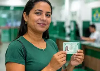 Mulher em unidade de atendimento segurando documento de identidade, representando a ação de emissão da segunda via do RG