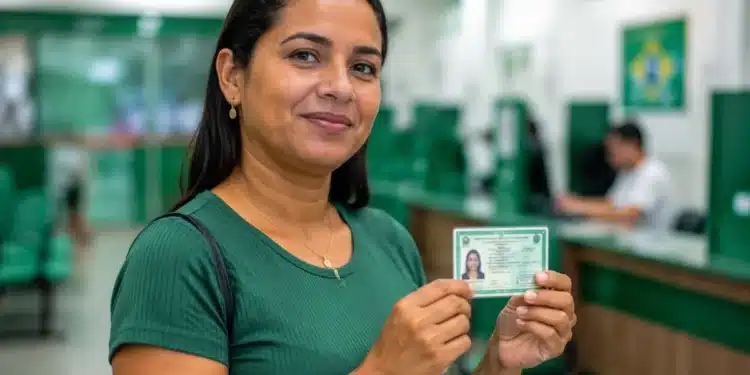 Mulher em unidade de atendimento segurando documento de identidade, representando a ação de emissão da segunda via do RG