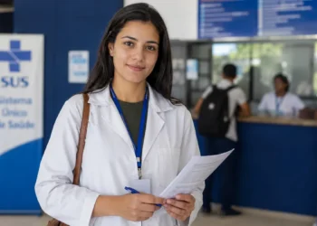 Candidata da área da saúde em ambiente de atendimento do SUS segurando formulário, representando a inscrição para programas de residência médica do Enare 2026/2027.